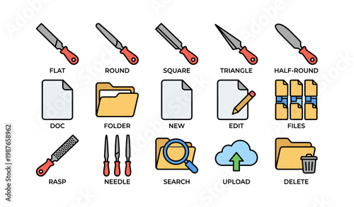 Icon set of tools and file management symbols on white background