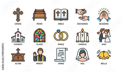Wedding symbols collection including church, bible, rings, and candle