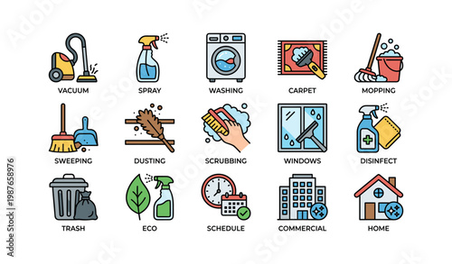 Colorful icons of household cleaning tools and tasks