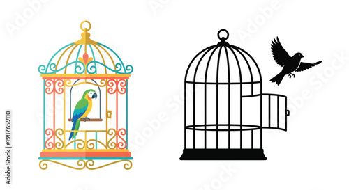 Colorful parrot in ornate cage contrasted with an open empty birdcage