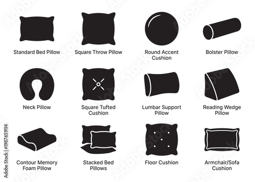 Pillows and cushions vector illustration set, various shapes for bed, couch, and chair.