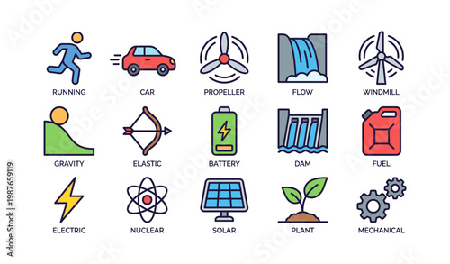 Icons illustrating energy and motion concepts with colorful design