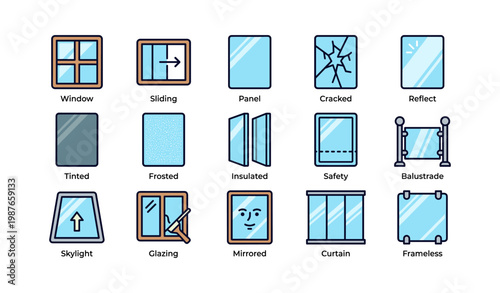 Various window types and features with illustrations in blue tones