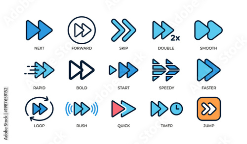 Set of various fast forward and skip icons with different designs and colors