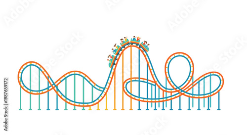 Colorful illustration of a looping rollercoaster with people riding