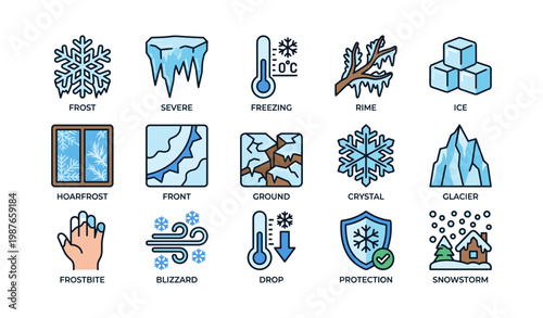 Winter icons: frost, snowflakes, ice, temperature, blizzard symbol set