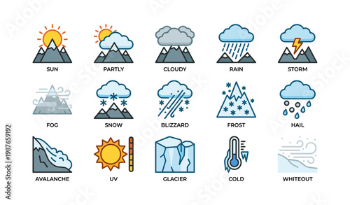 Weather icons: sun, cloud, rain, storm, snow, hail, glacier, temperature