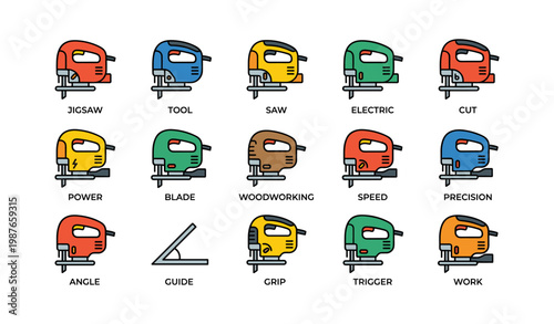 Colorful electric jigsaw tools with various features for woodworking and precision cuts