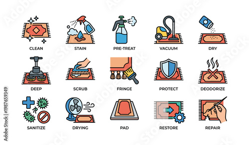 Carpet cleaning and maintenance icons: stain removal, vacuum, deodorize, repair steps