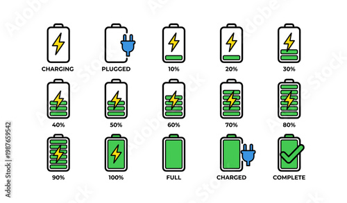 Battery charging icons with status indicators and power levels