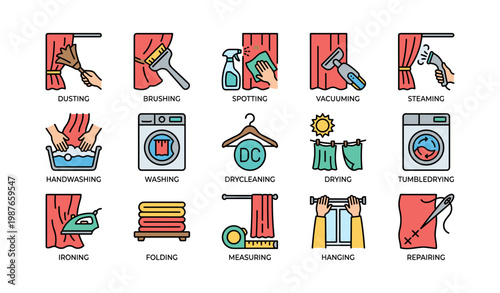 Laundry and cleaning icons illustrating various household chores and tasks