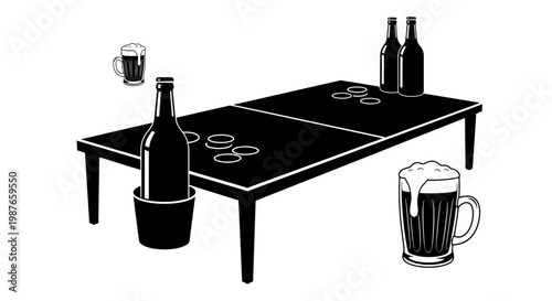 Beer Pong Game Table with Bottles and Mugs Vector Illustration