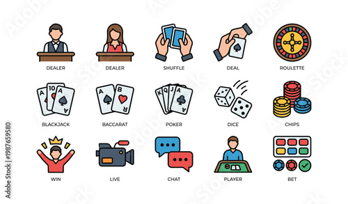 Casino game icons: card games, roulette, dice, and poker chips