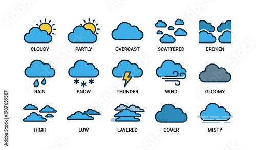 Vector weather icons: cloudy, rain, snow, thunder, wind, misty, sunny, overcast