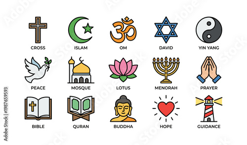 Symbols of world religions: cross om star of david yin yang mosque
