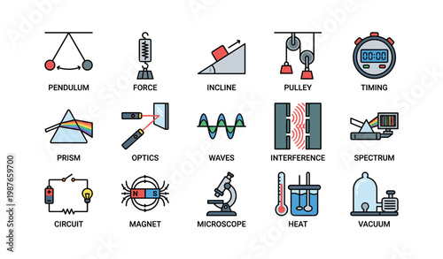 Physics icons: pendulum, force, incline, pulley, timing, prism, optics, waves, interference, spectrum