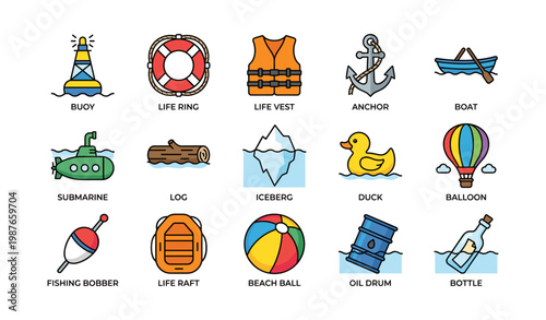 Colorful nautical and marine icons featuring buoy, life vest, anchor, and submarine