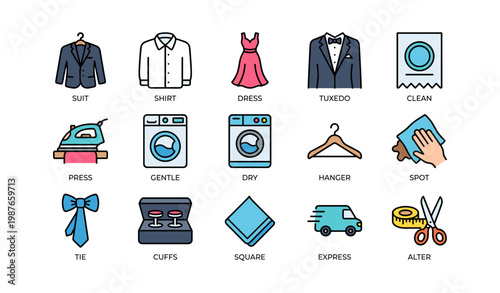 Laundry and dry cleaning icons: suit, shirt, dress, tuxedo, certificate, press, gentle, dry