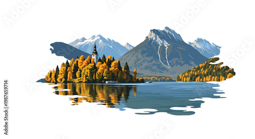 Scenic Alpine Lake with Island Church and Autumn Mountains Vector