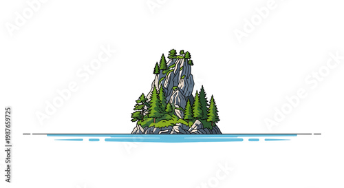 Minimalist Rocky Island with Pine Trees Vector Illustration