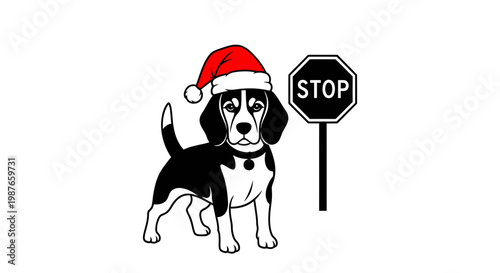 Beagle Dog in Santa Hat Next to Stop Sign Vector Illustration