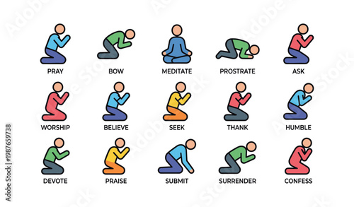 Set of simple icons depicting various prayer and worship poses