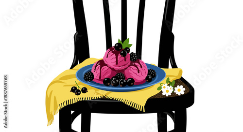 Pink Berry Ice Cream Scoops with Blackberries on a Chair Illustration