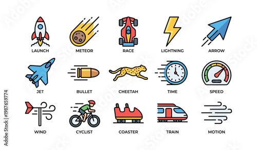 Colorful cartoon icons of transportation, speed, and weather elements