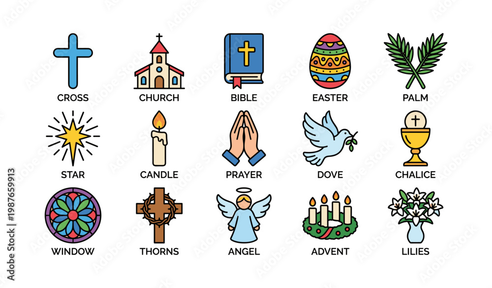Naklejka premium Christian symbols: cross, church, bible, easter, palm, star, candle, prayer, dove, chalice, window, thorns, angel, advent, lilies
