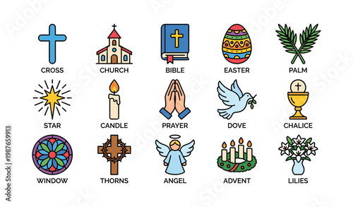 Christian symbols: cross, church, bible, easter, palm, star, candle, prayer, dove, chalice, window, thorns, angel, advent, lilies