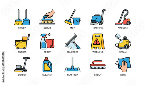 Cleaning tools icons: broom, mop, scrub, vacuum, bucket set