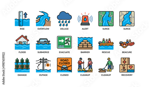 Natural disaster icons illustrating flood prevention and management measures