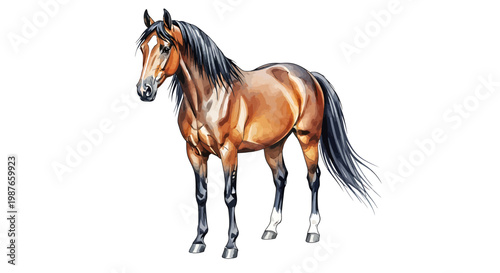 Majestic Brown Horse Vector Illustration Isolated on White