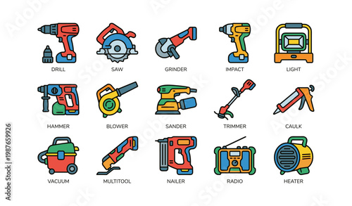 Colorful collection of various power tools with icon designs