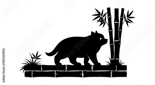 Black Panda Silhouette Walking on Bamboo Vector Illustration