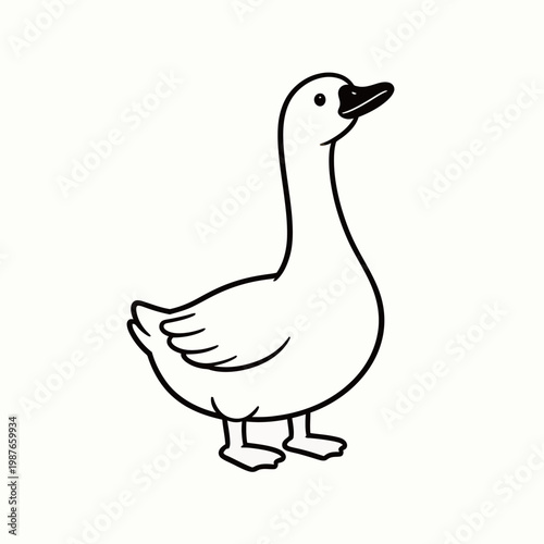 Simple line drawing of a standing duck with a long neck and black beak