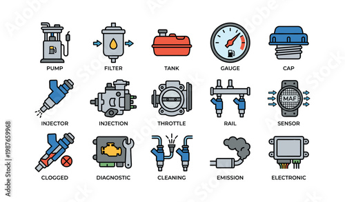 Automotive engine components and systems icons