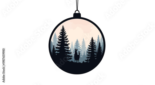 Christmas Bauble Ornament with Forest and Deer Silhouette Vector