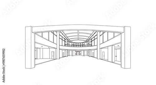 Modern Building Interior Lobby Architectural Line Drawing Vector