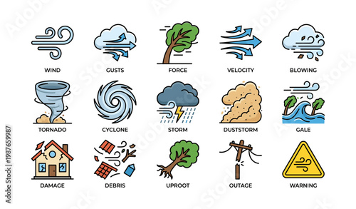 Weather phenomena illustrations depicting tornado cyclone storm and more