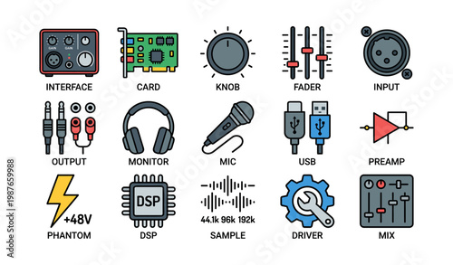 Audio equipment icons set: interface card knob fader input output monitor mic usb preamp
