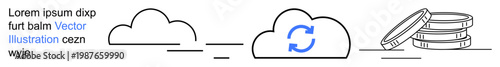 Cloud syncing, digital economy, data backup, online transactions, fintech, cloud storage. Minimal of clouds, sync icon and coin stacks. Cloud syncing and digital economy concepts