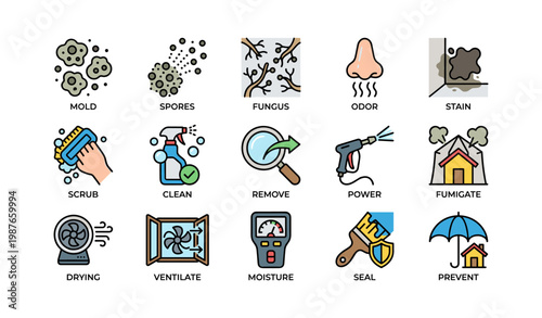 Mold and indoor air quality icons: cleaning and prevention strategies