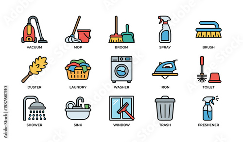 Household cleaning icons: vacuum, mop, broom, spray, brush, duster, laundry, washer, iron, toilet