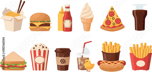 aaaaaaaaaaFast Food and Beverage Icon Set Featuring Burgers, Pizza, Fries, Noodles, Drinks, and Snacks for Food, Restaurant, and Culinary DesignsFast Food and Beverage Icon Set Featuring Bu