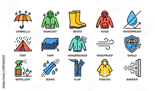 Weather protection gear icons: from umbrellas to windbreakers