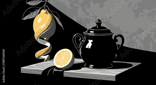 High Contrast Vector Illustration of Lemons and Black Sugar Bowl