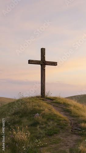 Rustic Wooden Cross on Grassy Hilltop at Sunset with Soft Clouds and Wildflowers