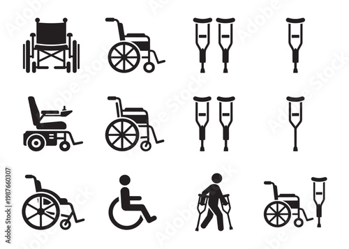 Disability mobility icons with wheelchair crutches and walker silhouettes vector illustration set.