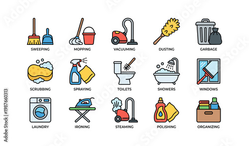 Colorful icons of cleaning and housekeeping tasks and tools